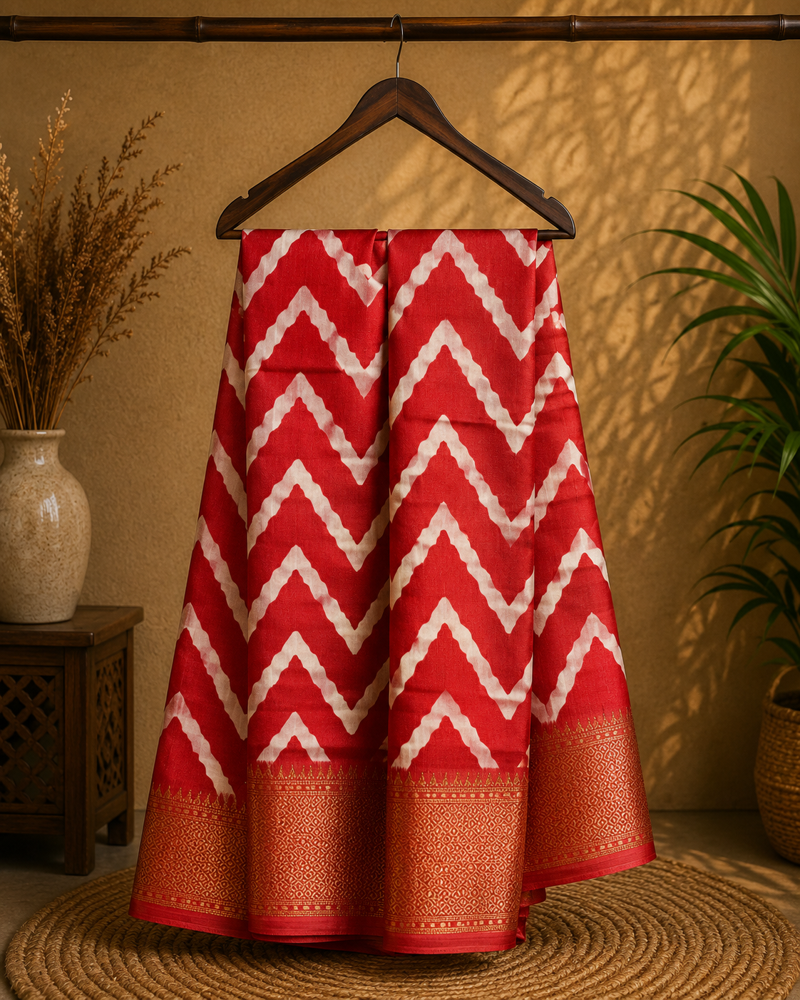 Stunning red saree featuring bold white zigzag patterns and golden border- Cotton tissue soft Saree