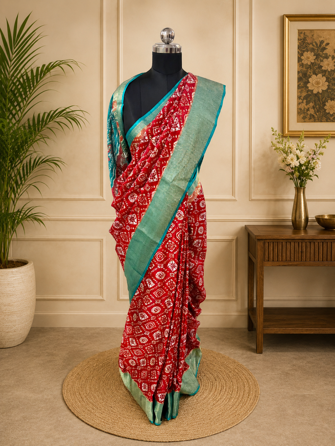 Vibrant Red Saree With Traditional Printed Motifs throughout with Beautiful Mint Green Border Woven Gold Zari Border.
