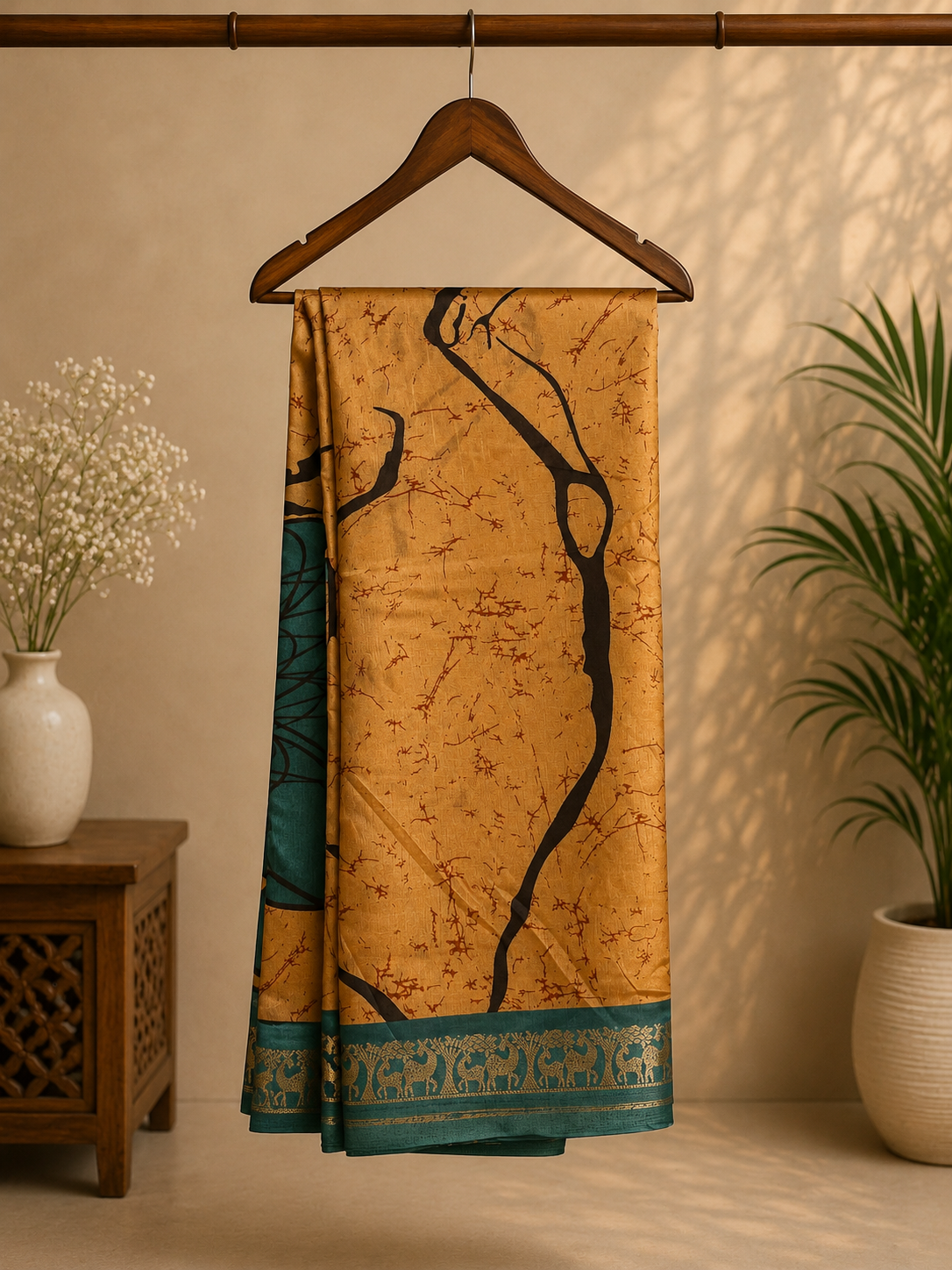 Elegant golden beige saree featuring a modern abstract print and a contrasting teal woven border with intricate traditional motifs - Satin Tissue Saree