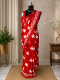 Classic Vibrant Red Soft Pure Cotton Saree With Beautiful White Floral Motifs and Patterned Border.