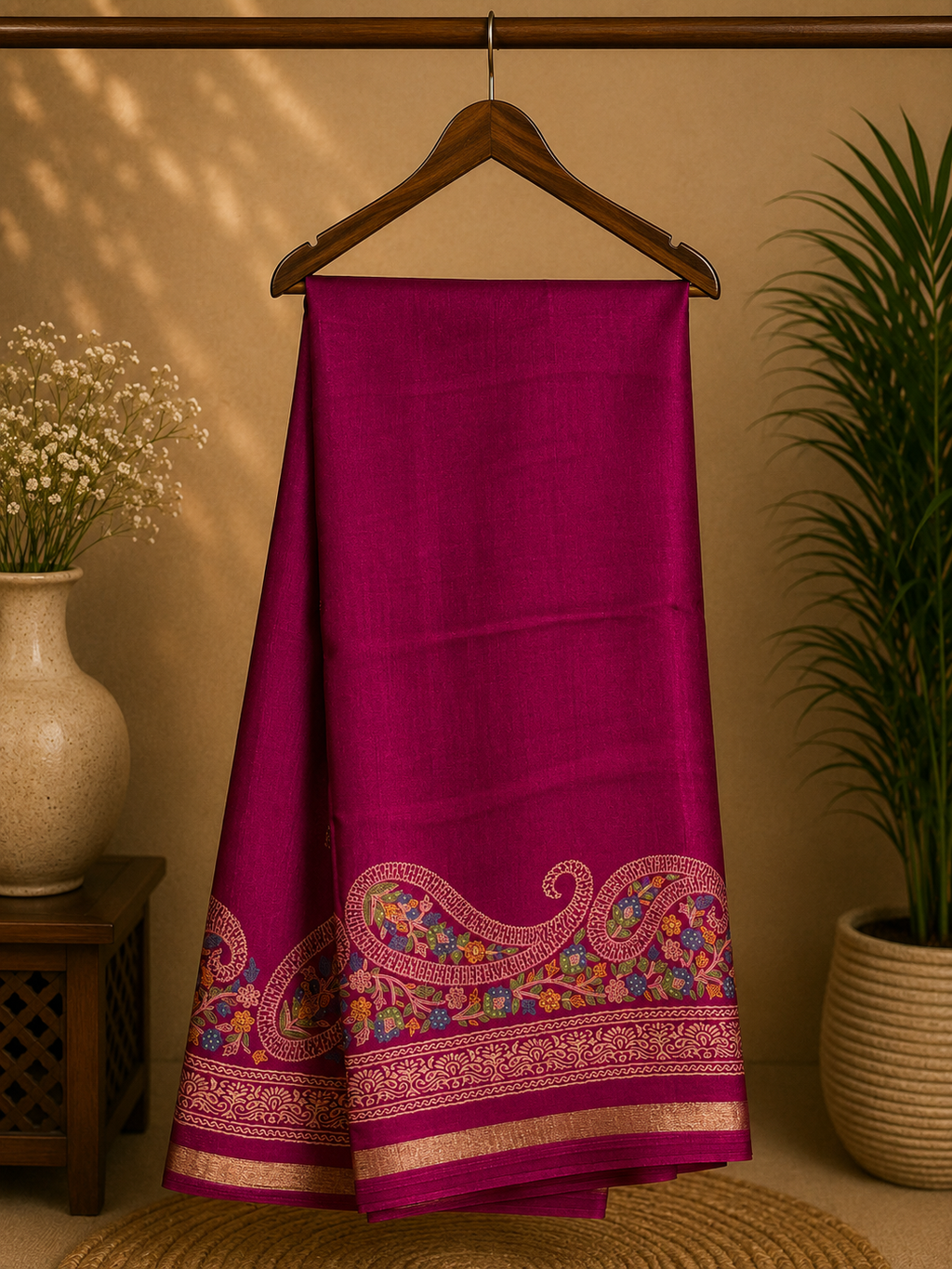 Elegant magenta pink saree featuring a rich plain body with a beautifully embroidered paisley floral border and subtle golden edging.