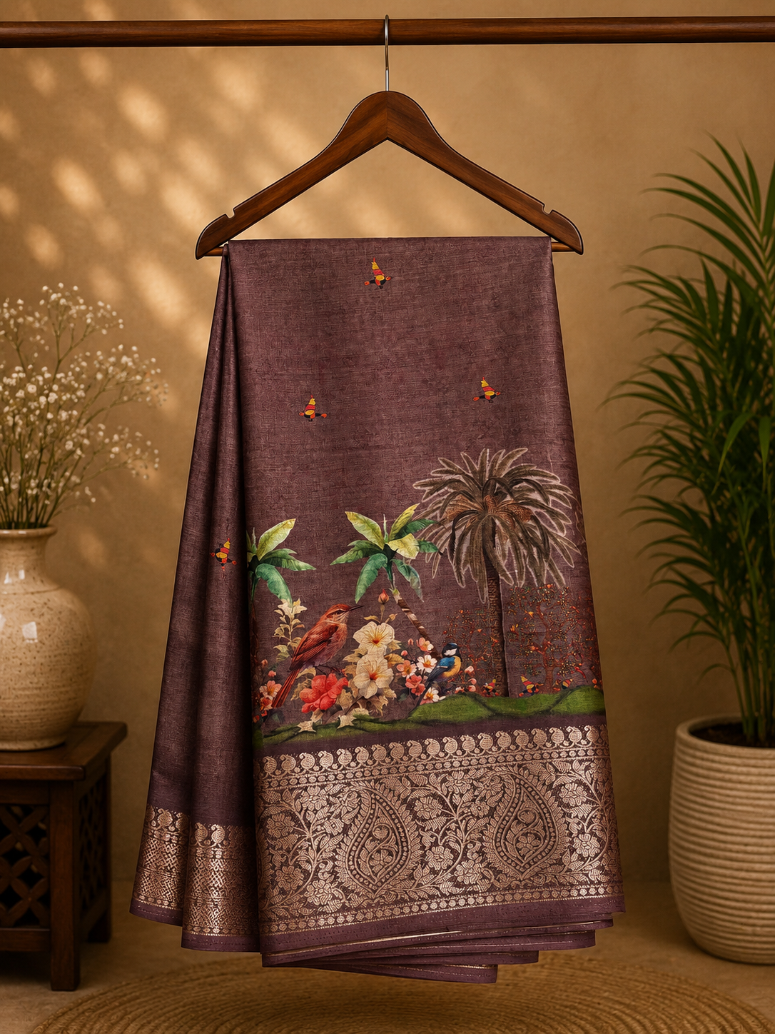 Elegant brown saree features a beautiful nature-inspired print with colorful birds, blooming flowers, and tropical treeswith rich zari border - Satin Tissue Saree