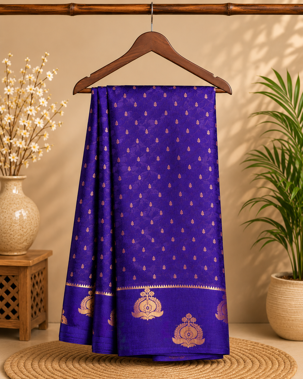 Elegant royal blue saree, featuring delicate woven motifs throughout and a crafted golden zari border - Foil Georjjett jacquard Saree