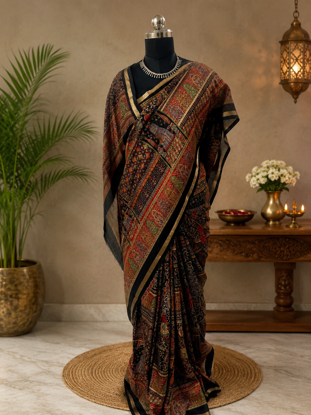 Elegant Heritage inspired Printed Saree showcases traditional Motifs in Rich shade of Maroon, Black and Gold Zari Border.