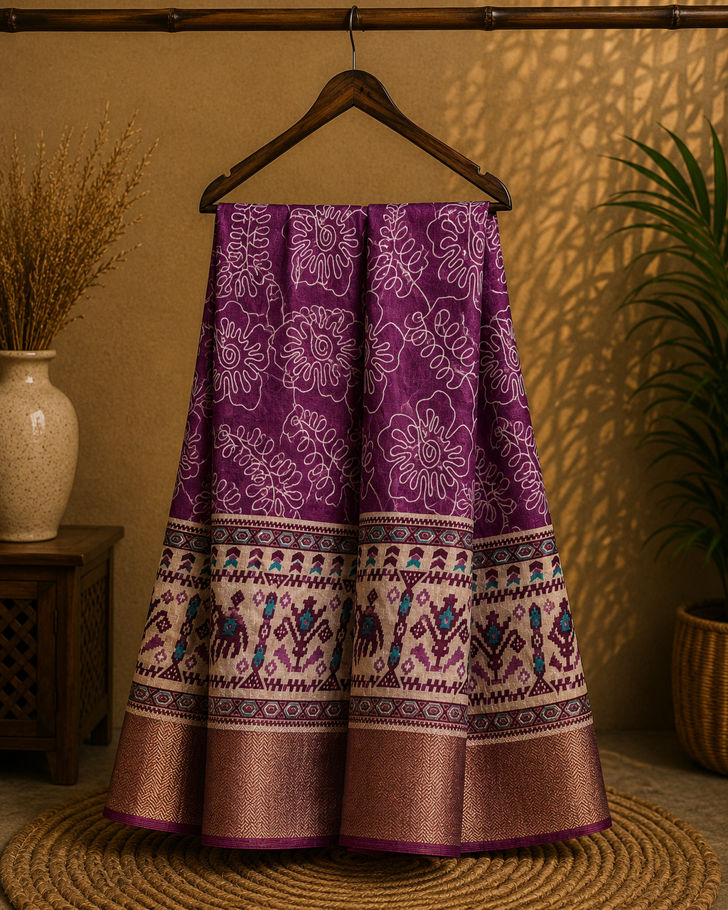 Elegant purple saree featuring graceful floral line prints and a striking ethnic-inspired border - Cotton tissue soft Saree (Copy)
