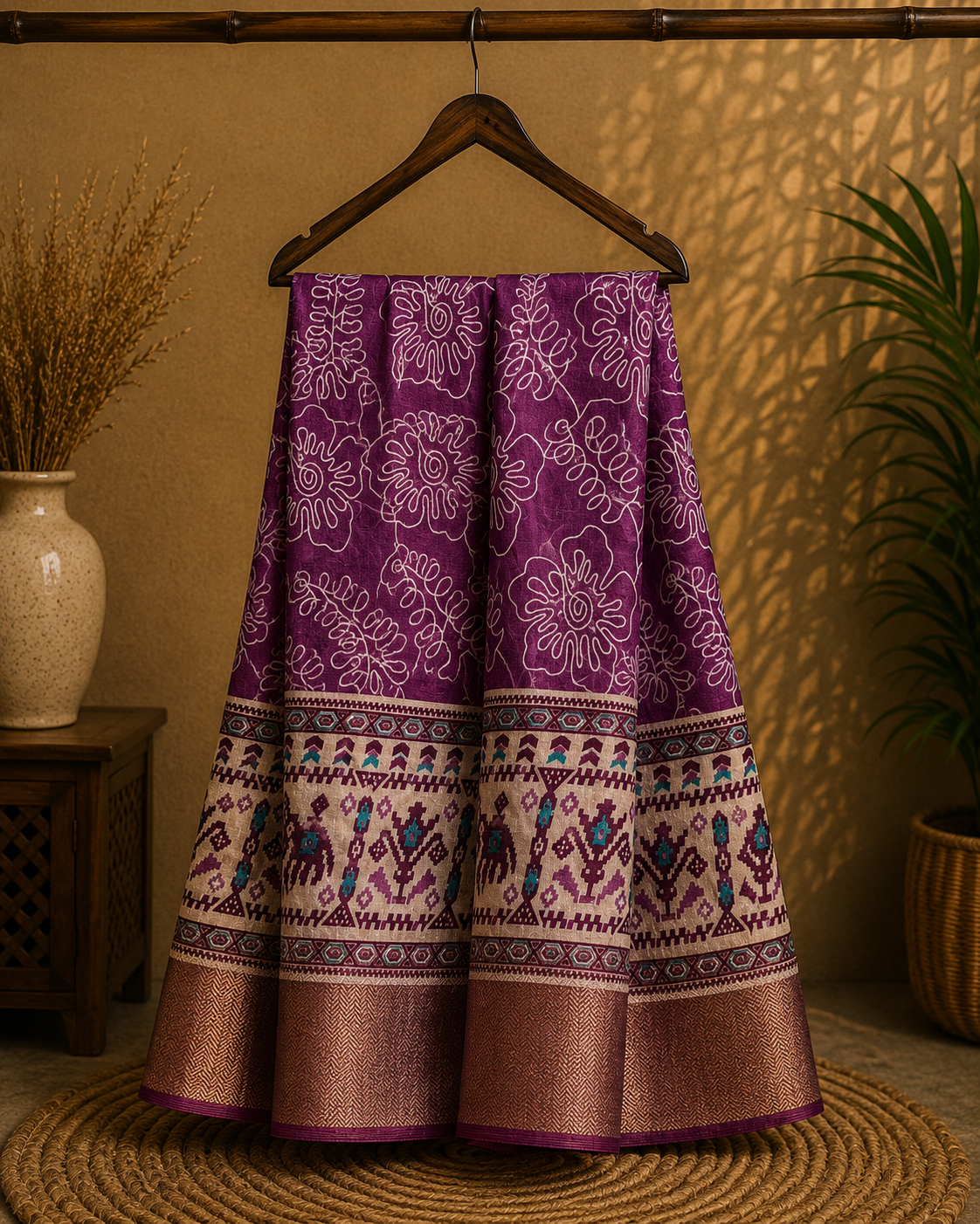 Elegant purple saree featuring graceful floral line prints and a striking ethnic-inspired border - Cotton tissue soft Saree (Copy)