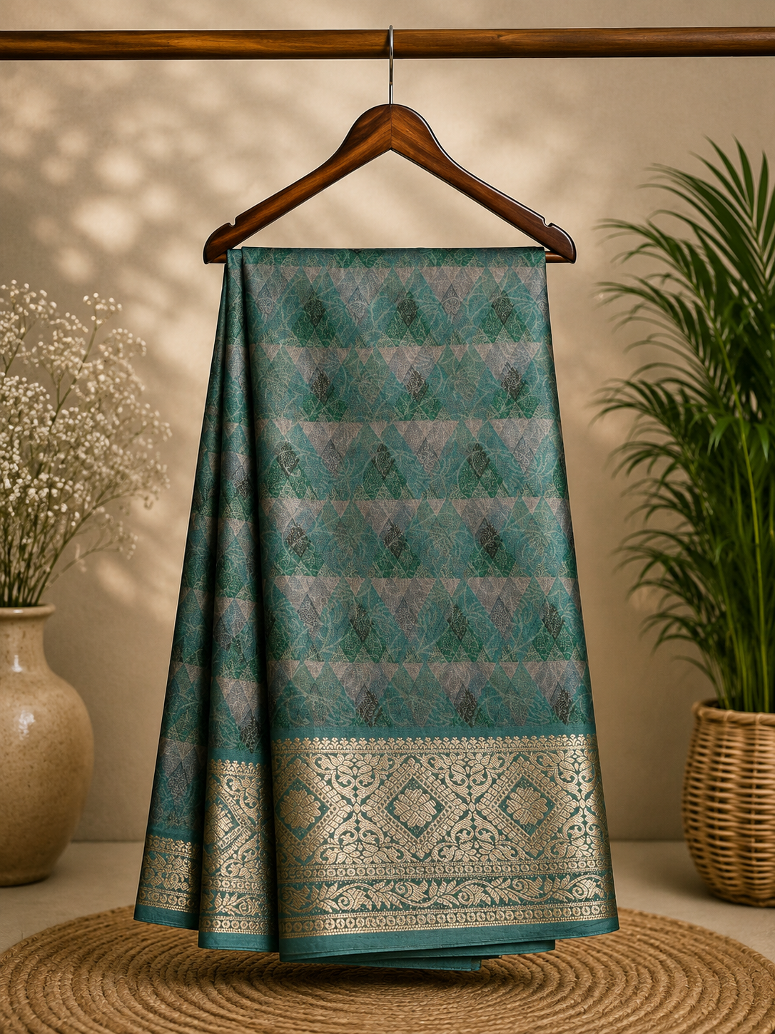 Elegant teal green saree featuring an all-over geometric pattern with rich zari border - Satin Tissue Saree