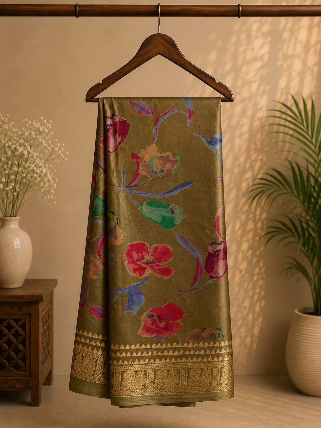 Elegant olive green saree featuring vibrant multicolor floral prints that add a fresh and graceful appeal. Finished with a rich golden woven border. - Satin Tissue Saree
