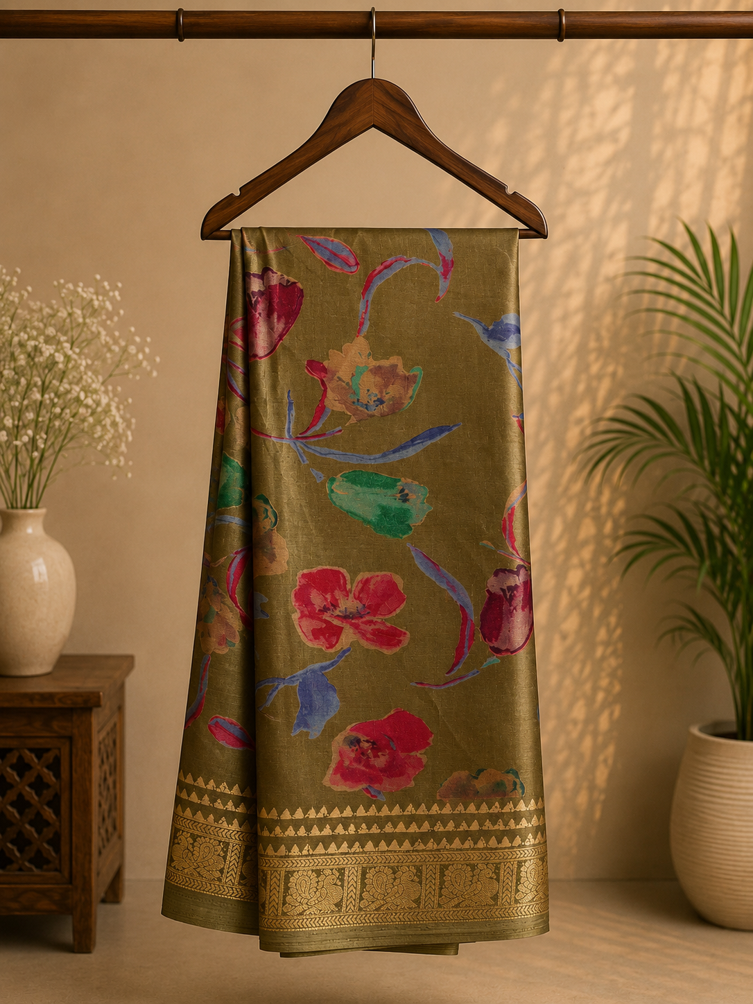 Elegant olive green saree featuring vibrant multicolor floral prints that add a fresh and graceful appeal. Finished with a rich golden woven border. - Satin Tissue Saree