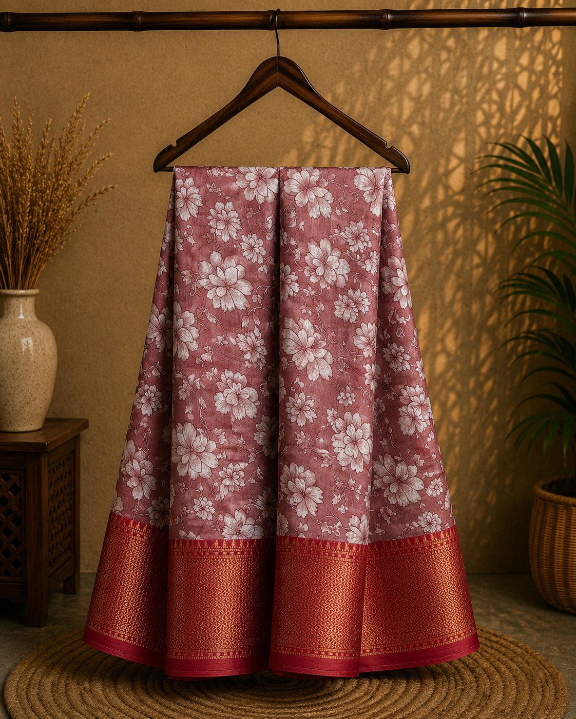 Elegant dusty rose saree featuring delicate white floral prints and a rich maroon zari border - Cotton tissue soft Saree