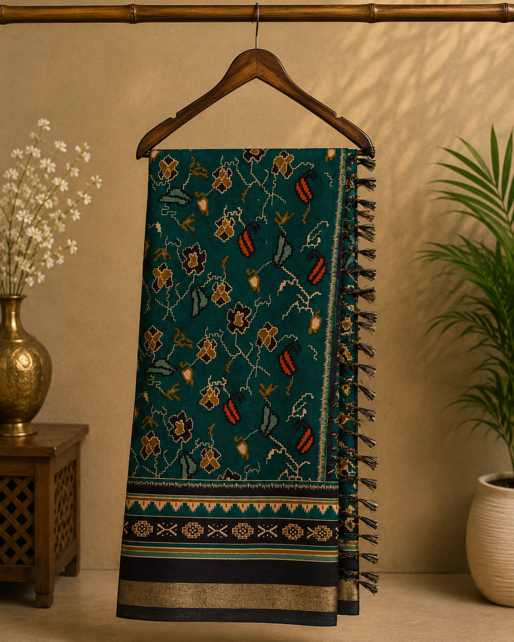 Elegant teal green saree featuring charming floral prints and a beautiful contrast Zari line border.