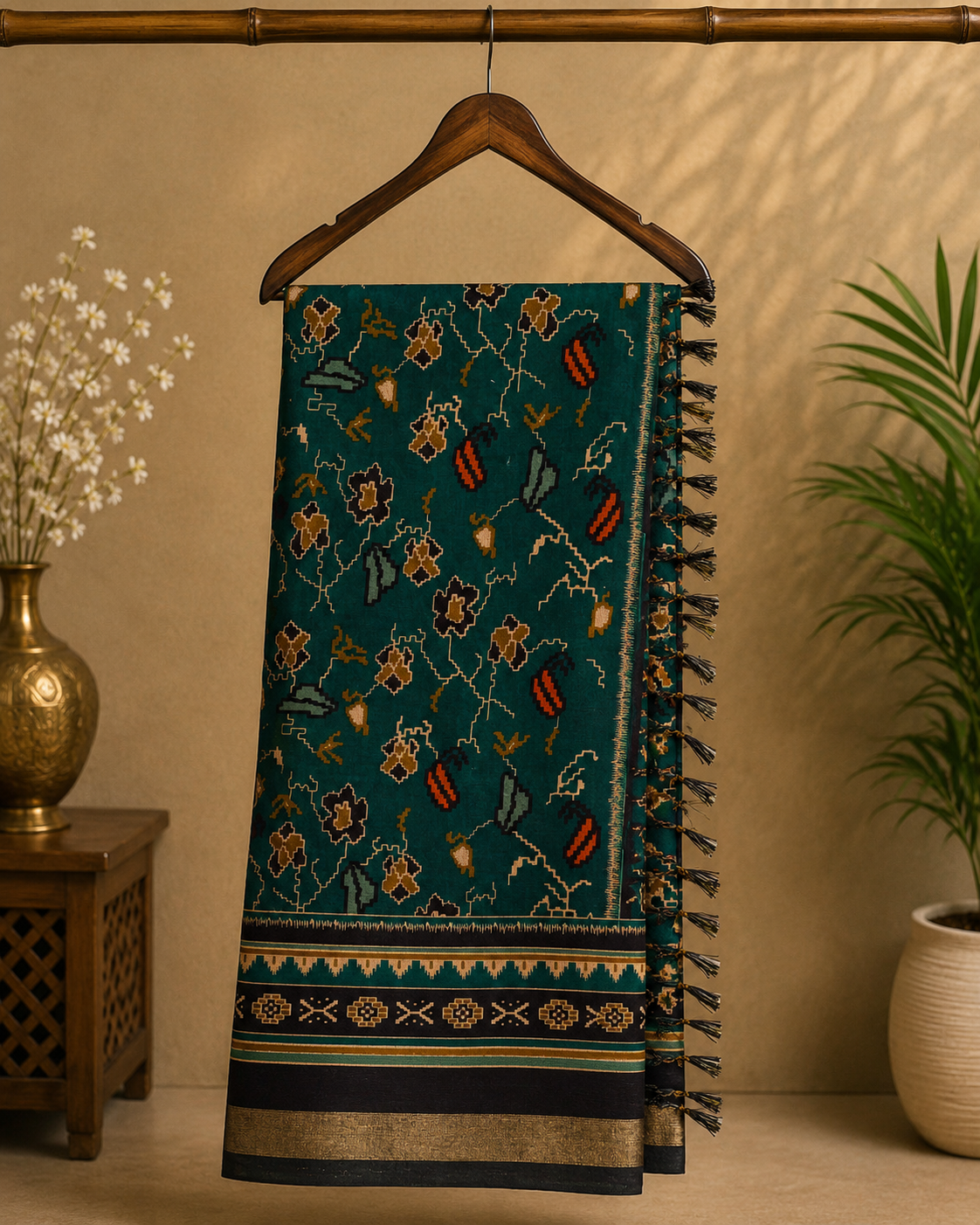 Elegant teal green saree featuring charming floral prints and a beautiful contrast Zari line border.