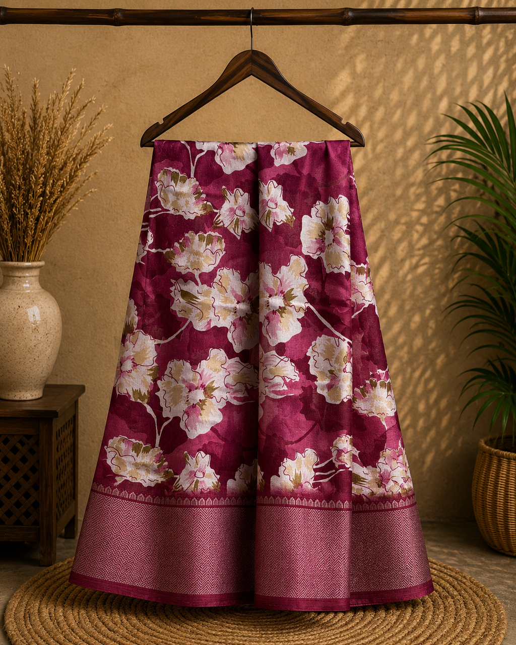 Graceful wine pink saree adorned with elegant floral prints and a rich border- Cotton tissue soft Saree