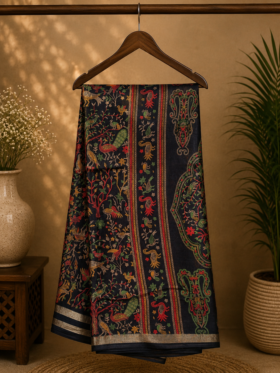 Elegant deep black saree features intricate multicolored bird, floral, and nature-inspired prints and subtle golden edging.