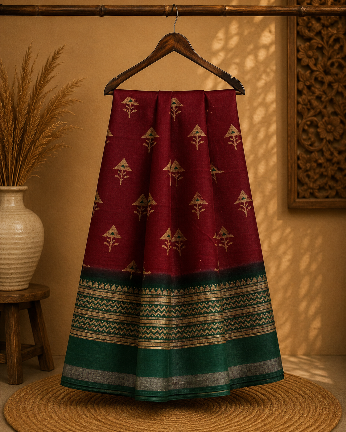Elegant maroon saree featuring delicate beige motifs and a contrasting teal green border and silver zari line- Cotton silk soft Saree