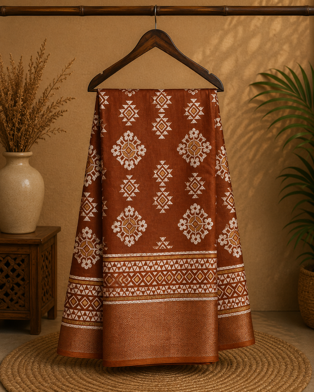Elegant brown saree featuring beautiful white geometric and floral motifs and a shimmering silver zari border- Cotton tissue soft Saree