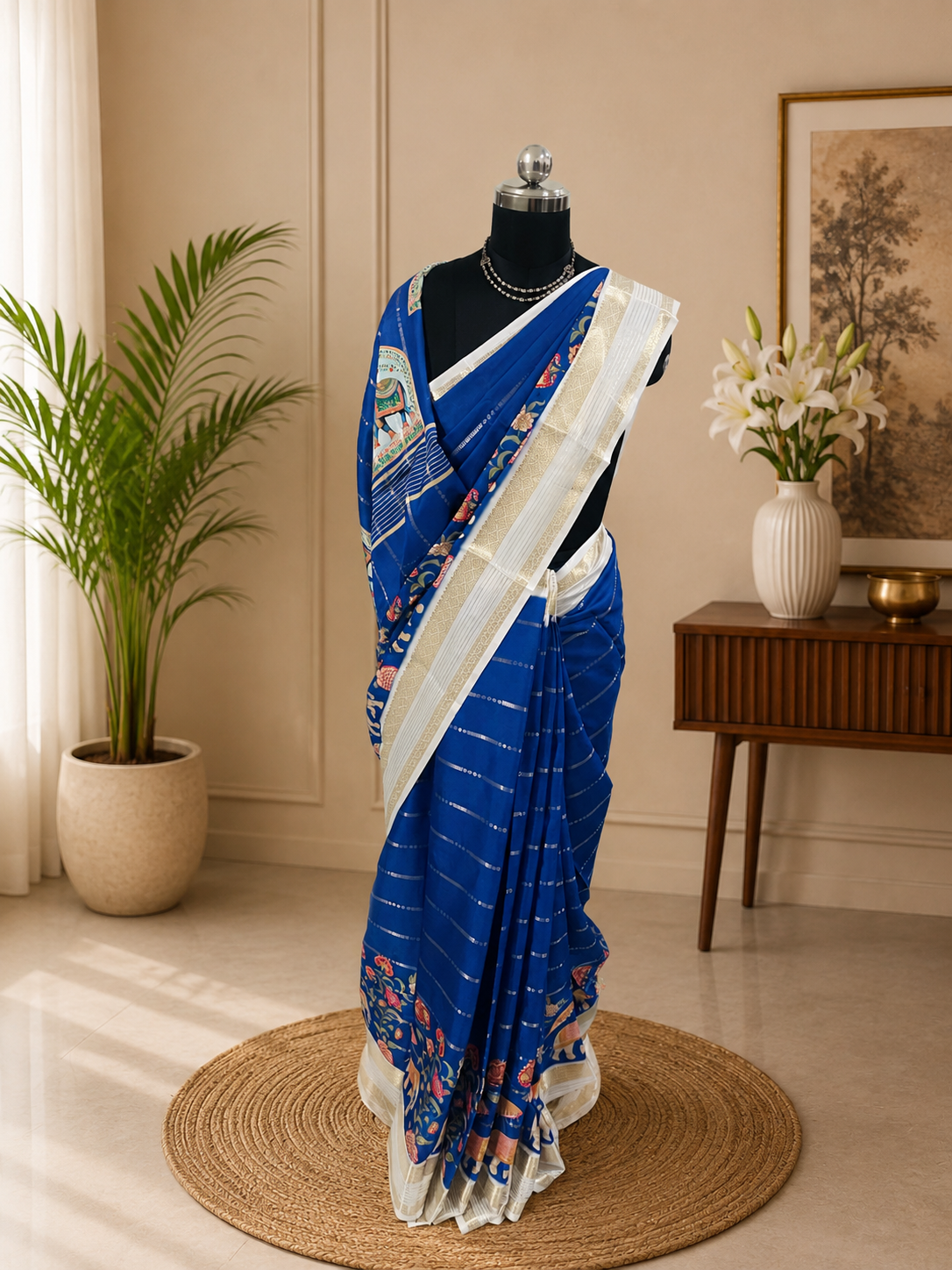 Elegant Royal Blue Yulu Crape semi silk Saree with Elephant artistry Prints with Gold Zari White Border.