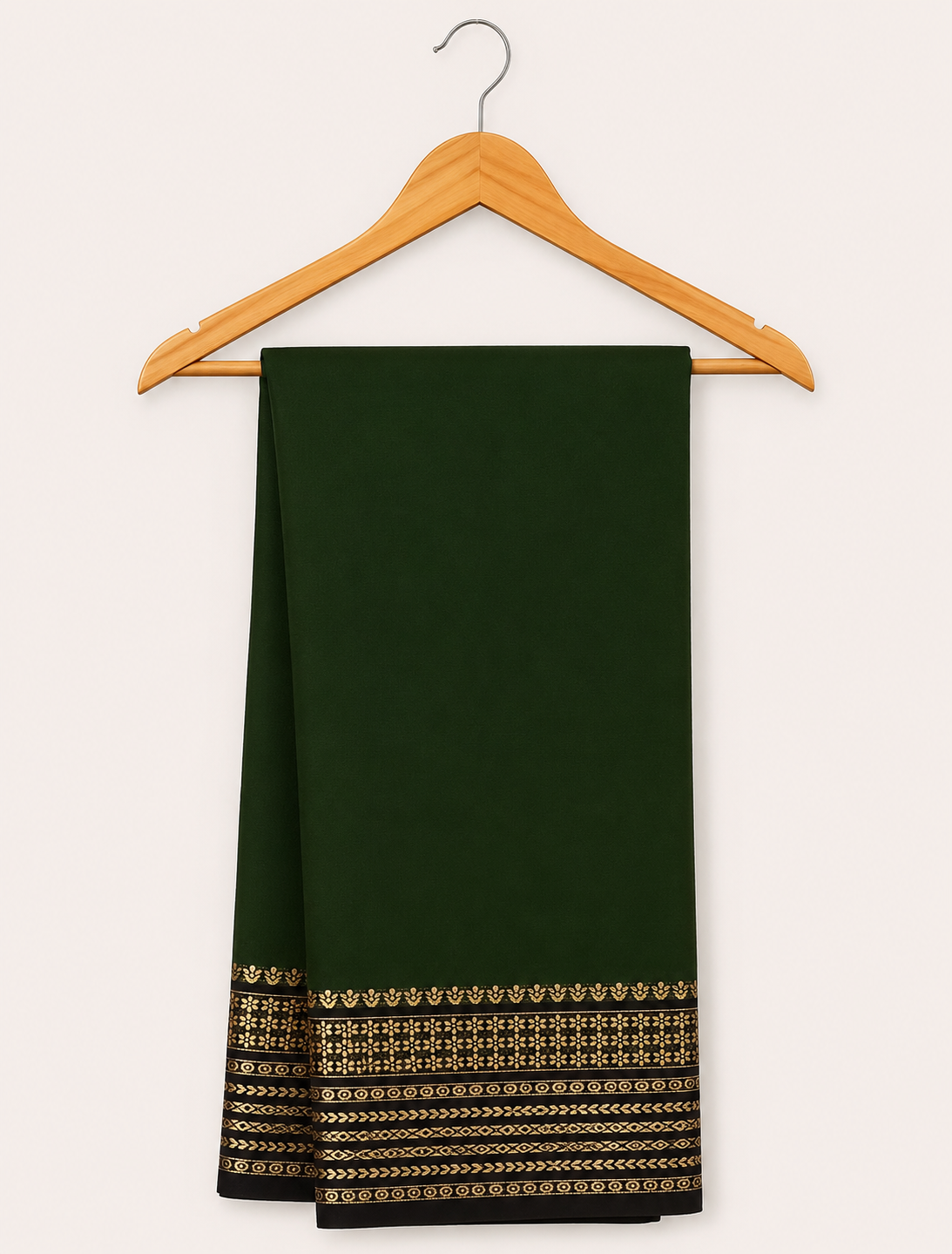 Beautiful Crepe Semi Silk Saree with Striking Combination Of Green with Brown and gold border, giving it a Regal and Elegant look.