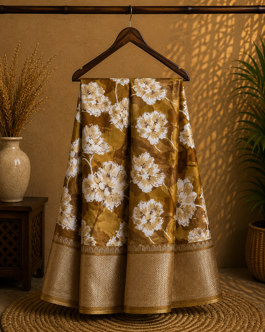 Elegant Brown- Green floral printed saree featuring soft ivory floral motifs and a beautifully designed Zari border - Cotton tissue soft Saree