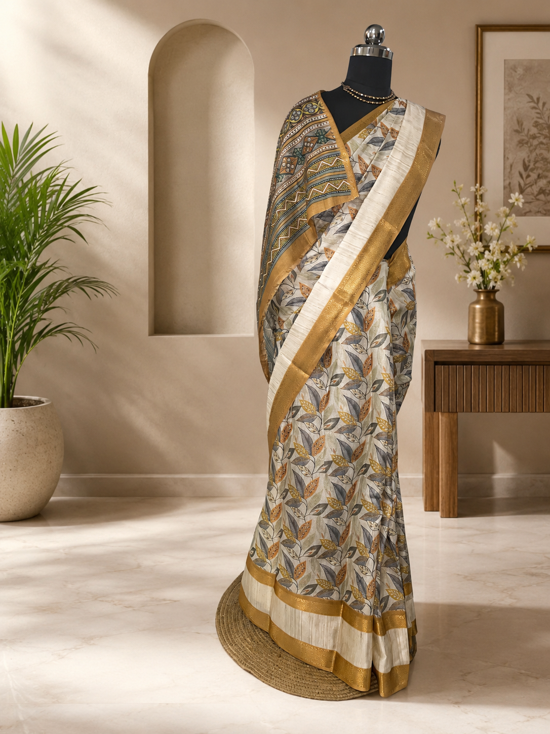 Beautiful Tissue Silk Saree with combination of Cream, Silver and Weaving Gold Zari Saree.