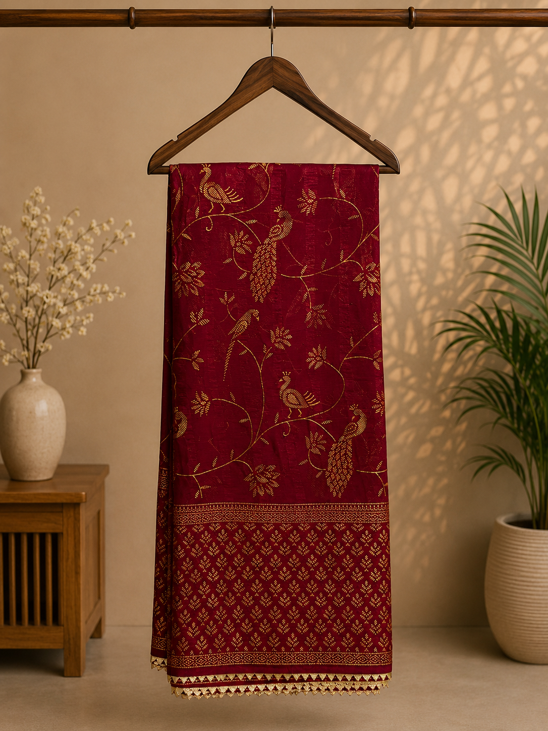 Elegant Deep Red Georgette Saree with Golden Floral design and Border with Tassel