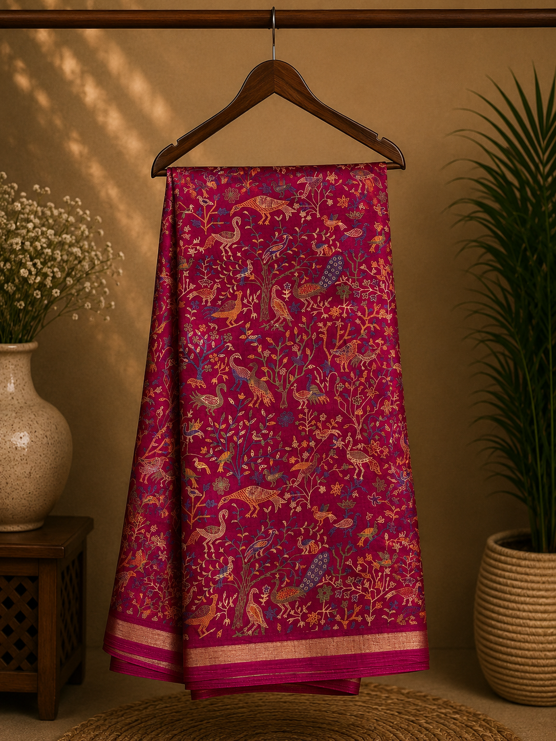 Elegant magenta saree featuring intricate nature-inspired bird and floral prints and subtle golden edging.