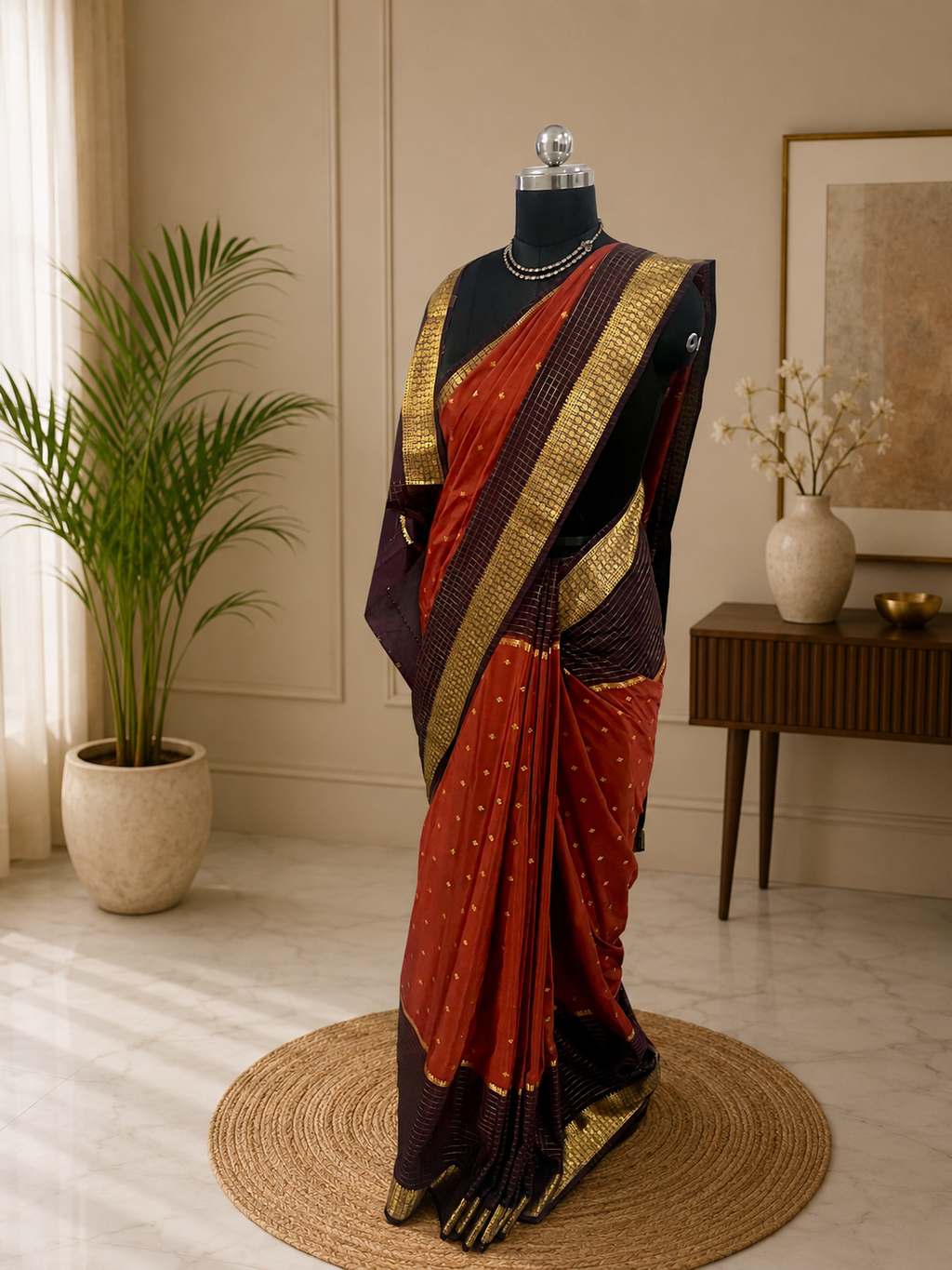 Elegant Crape Chex Patti Saree with Rust Orange and Brown Colour Combination and Premium Zari Border..