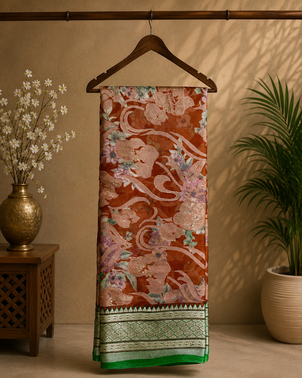 Elegant light brown floral printed saree, featuring a graceful blend of soft pastel blooms and flowing vine patterns with Zari Border - organza georgette blend saree
