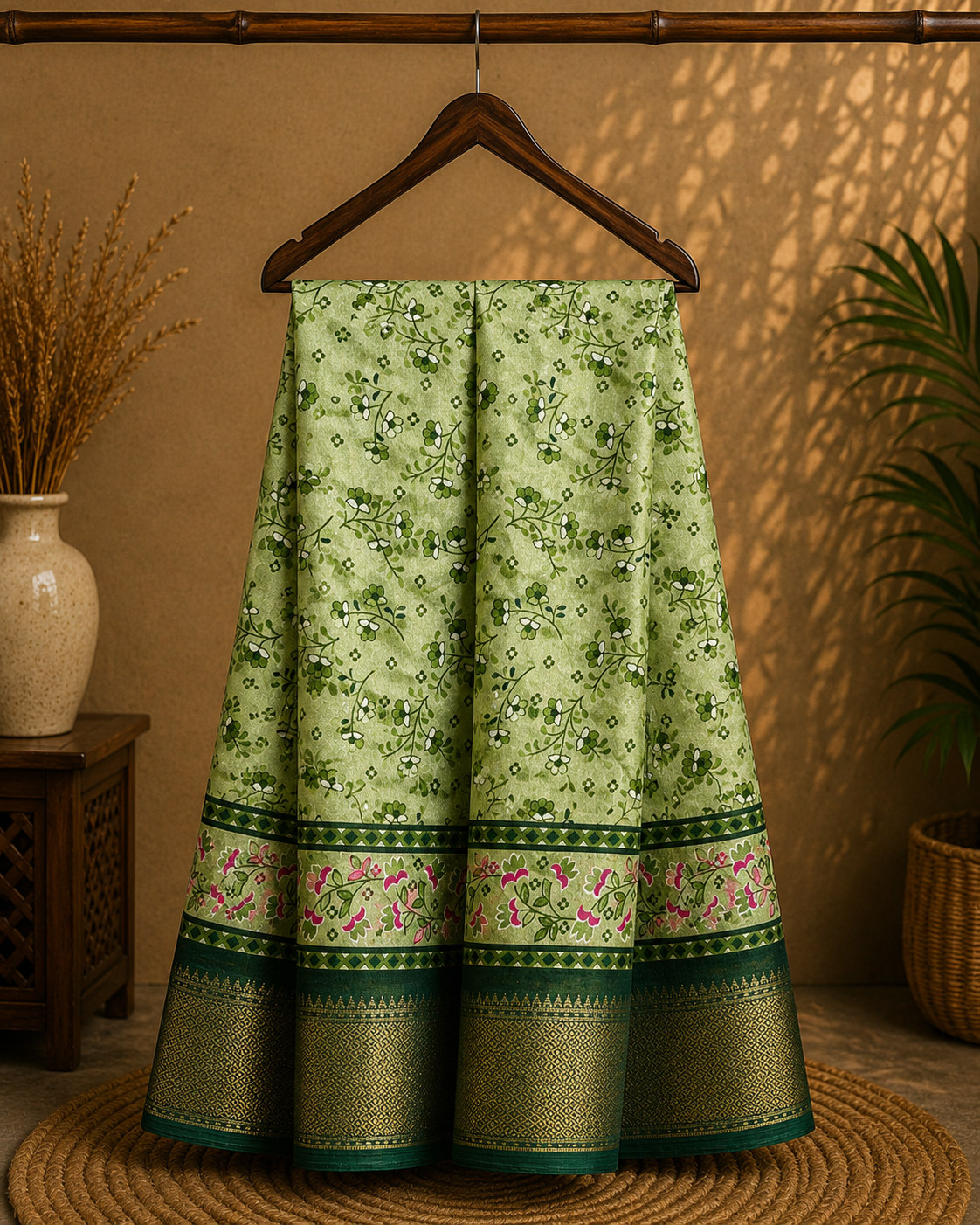 Elegant light green saree featuring delicate floral vine prints and a beautifully designed floral Zari border - Cotton tissue soft Saree