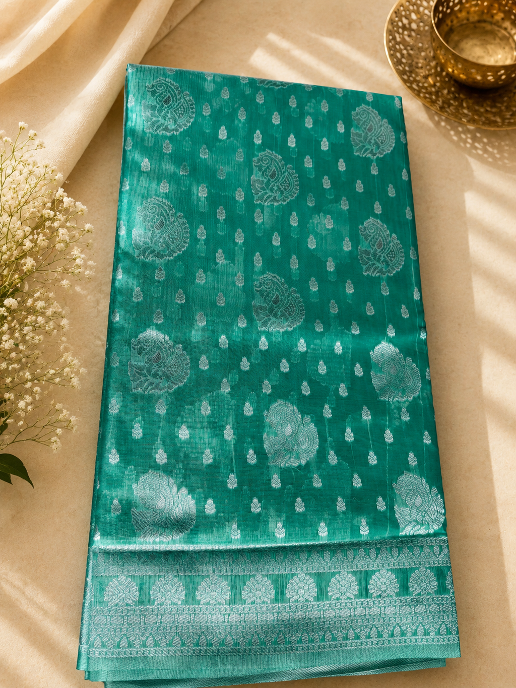 Elegant teal green Cotton saree featuring intricate silver paisley motifs and delicate detailing with silver border