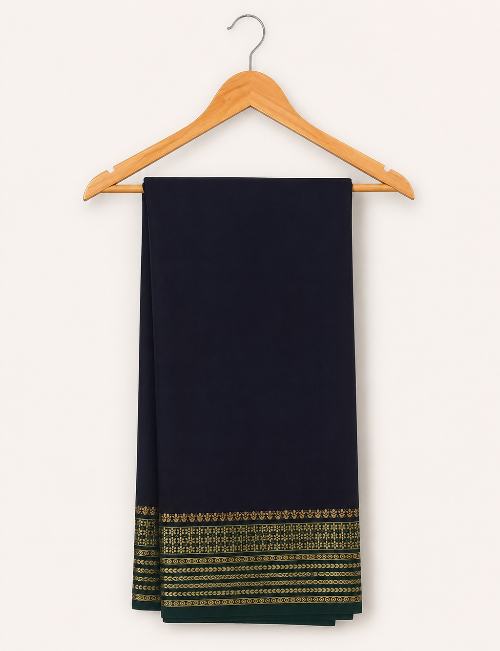 Beautiful Crepe Semi Silk Saree with Striking Combination Of Navy Blue with Green and gold border, giving it a Regal and Elegant look.