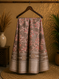 Elegant beige-brown saree featuring delicate coral floral prints and an intricately zari border - Cotton tissue soft Saree