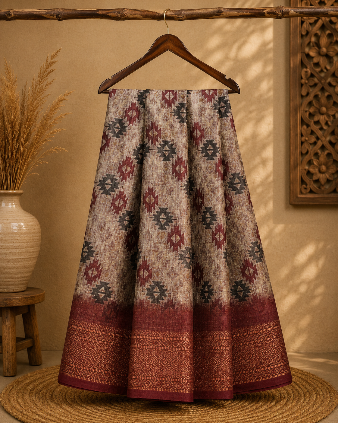 Elegant grey saree with Geometric prints and zari woven border - Khadi digital print Saree