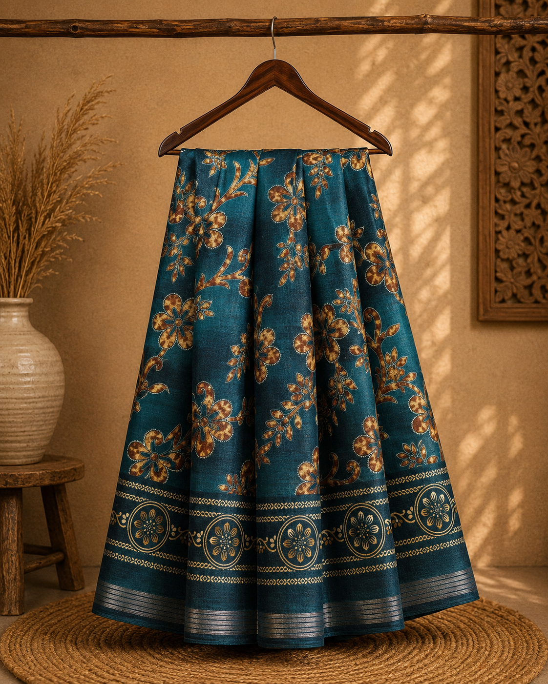 Elegant Blue saree with floral prints and silver zari line border - Cotton silk soft Saree