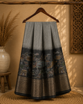 Elegant grey saree featuring graceful Art prints and zari woven border - Khadi digital print Saree