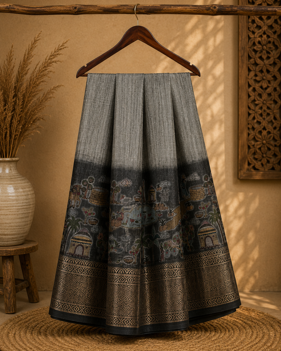 Elegant grey saree featuring graceful Art prints and zari woven border - Khadi digital print Saree