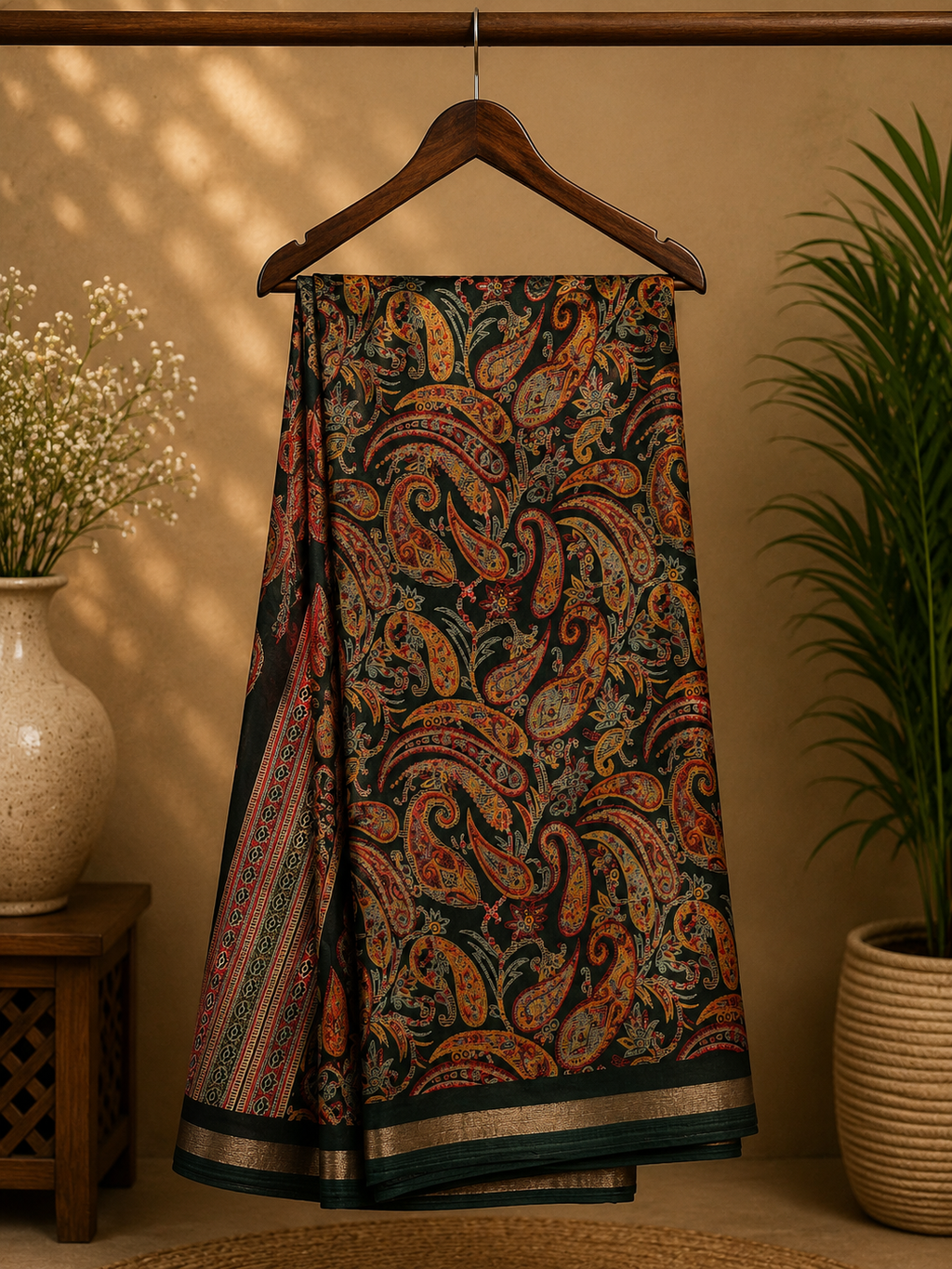 Elegant dark green saree featuring intricate multicolor paisley prints and subtle golden edging.