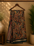 Elegant dark green saree featuring intricate multicolor paisley prints and subtle golden edging.