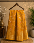 Elegant mustard yellow saree featuring delicate floral prints and a luxurious golden woven border - Foil Georjjett jacquard Saree