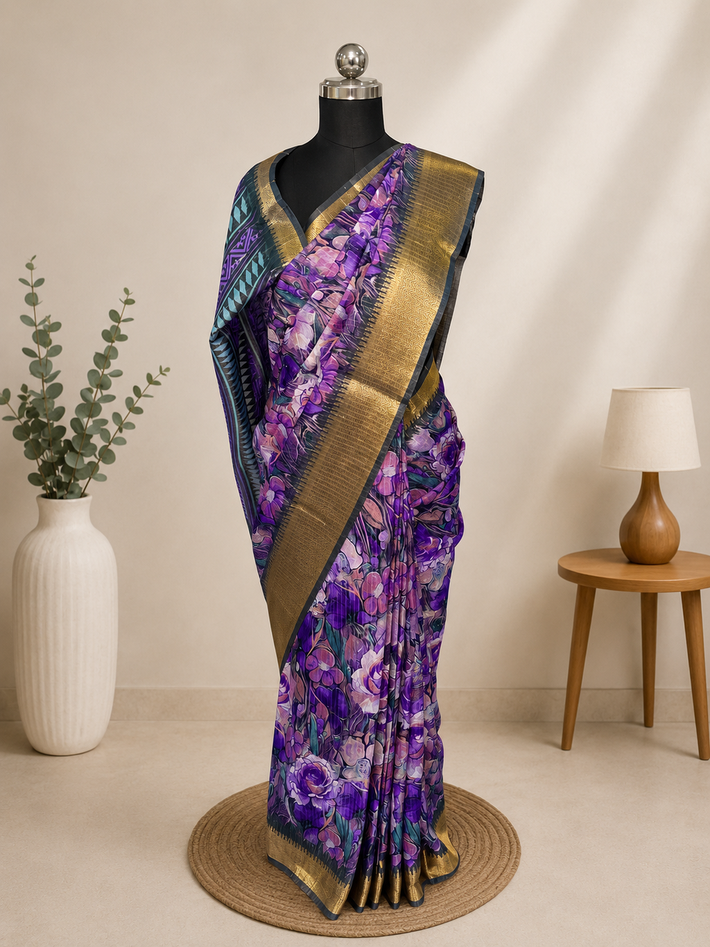 Beautiful Lavender & Violet Floral Saree with Gold Zari Weaving
