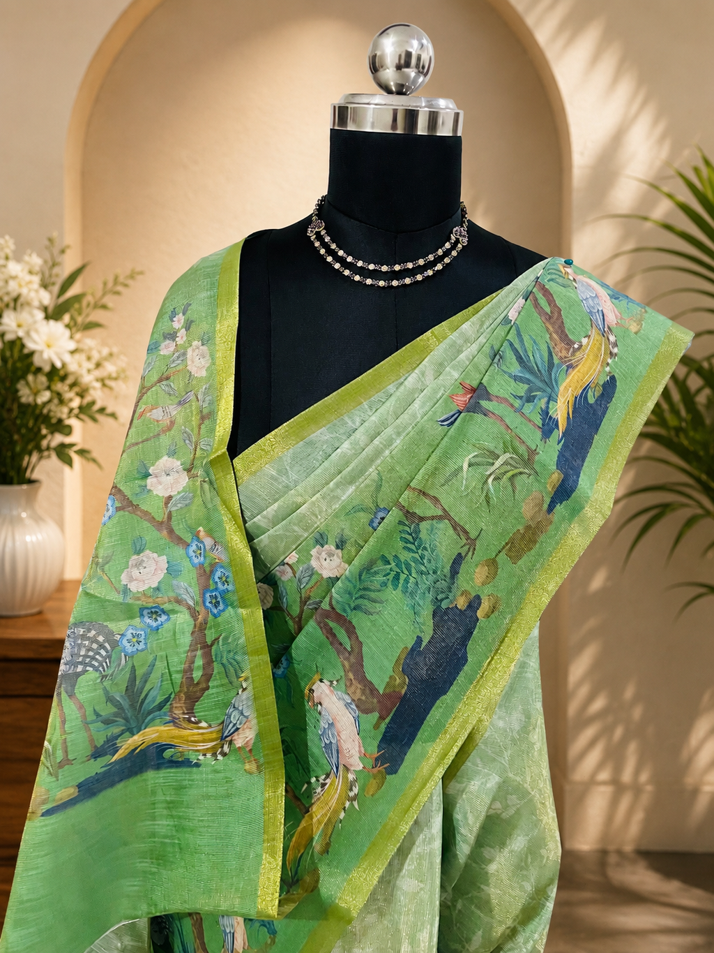 Beautiful Green Nature Print Saree with weaving zari Border organza and Cotton Blend gives a Classy Look.