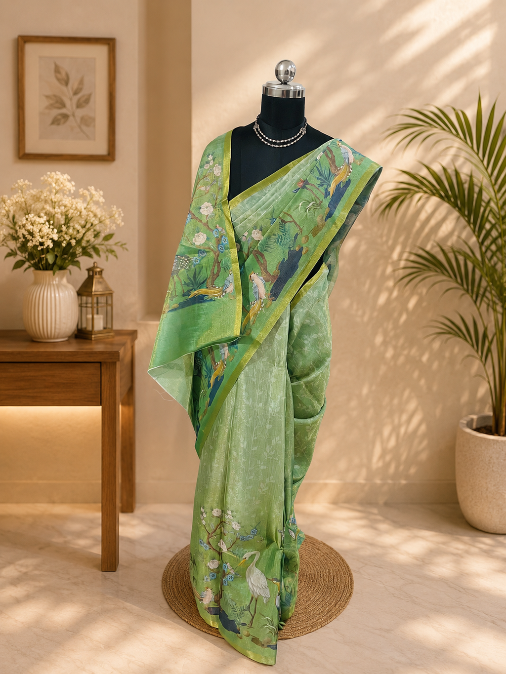 Beautiful Green Nature Print Saree with weaving zari Border organza and Cotton Blend gives a Classy Look.