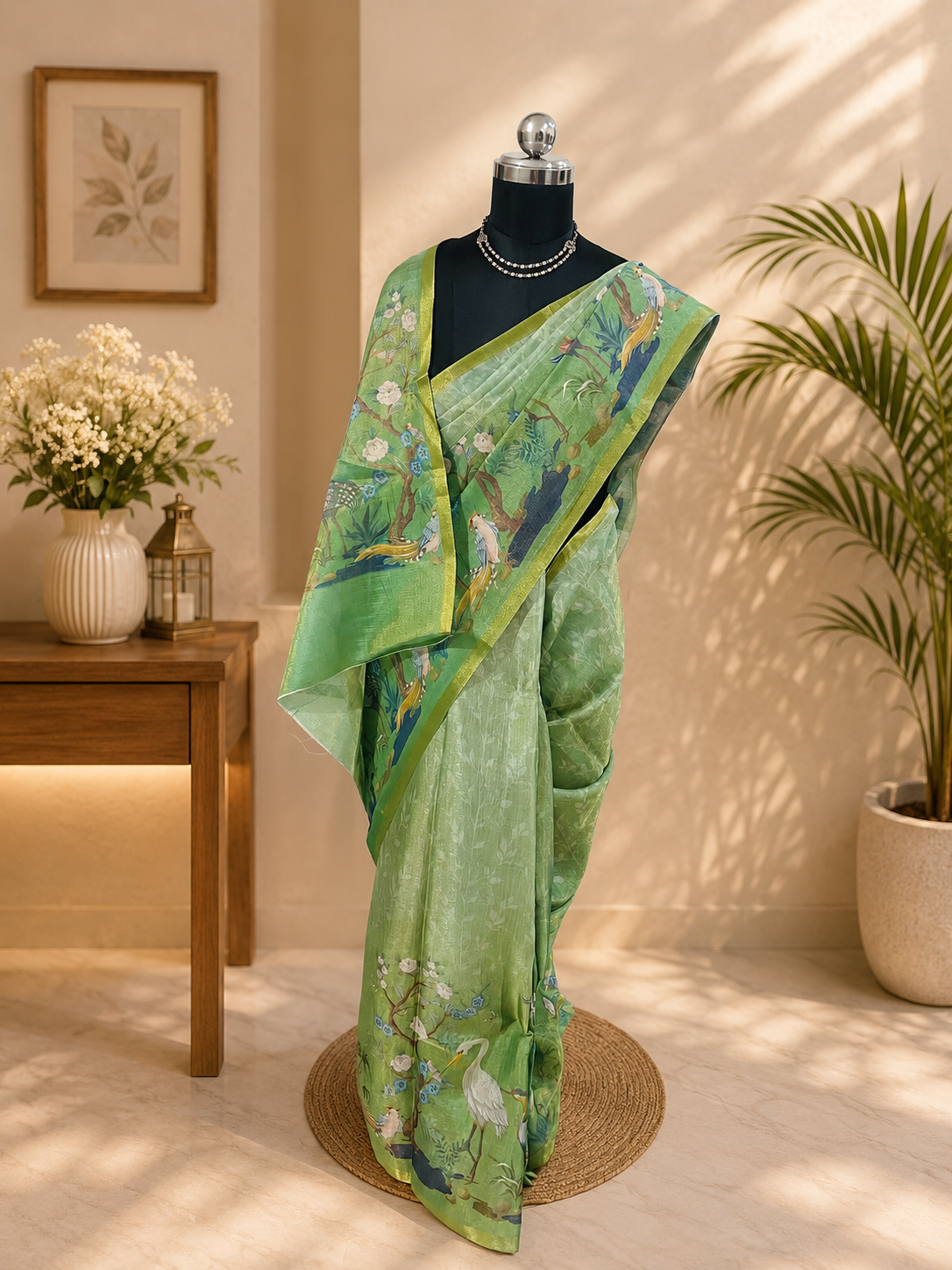 Beautiful Green Nature Print Saree with weaving zari Border organza and Cotton Blend gives a Classy Look.
