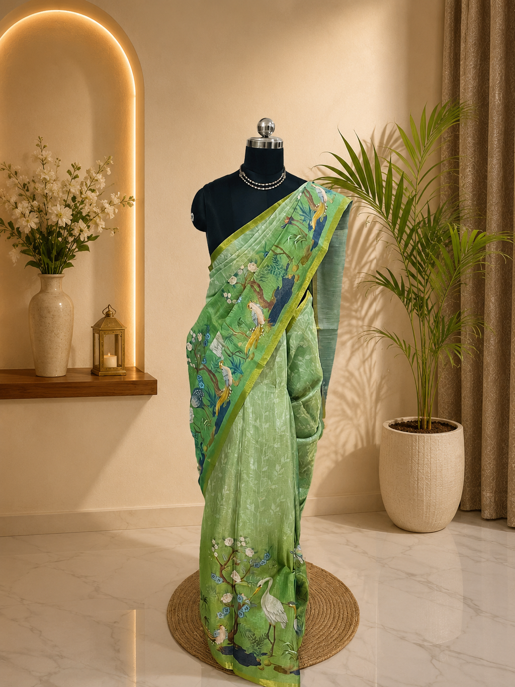 Beautiful Green Nature Print Saree with weaving zari Border organza and Cotton Blend gives a Classy Look.