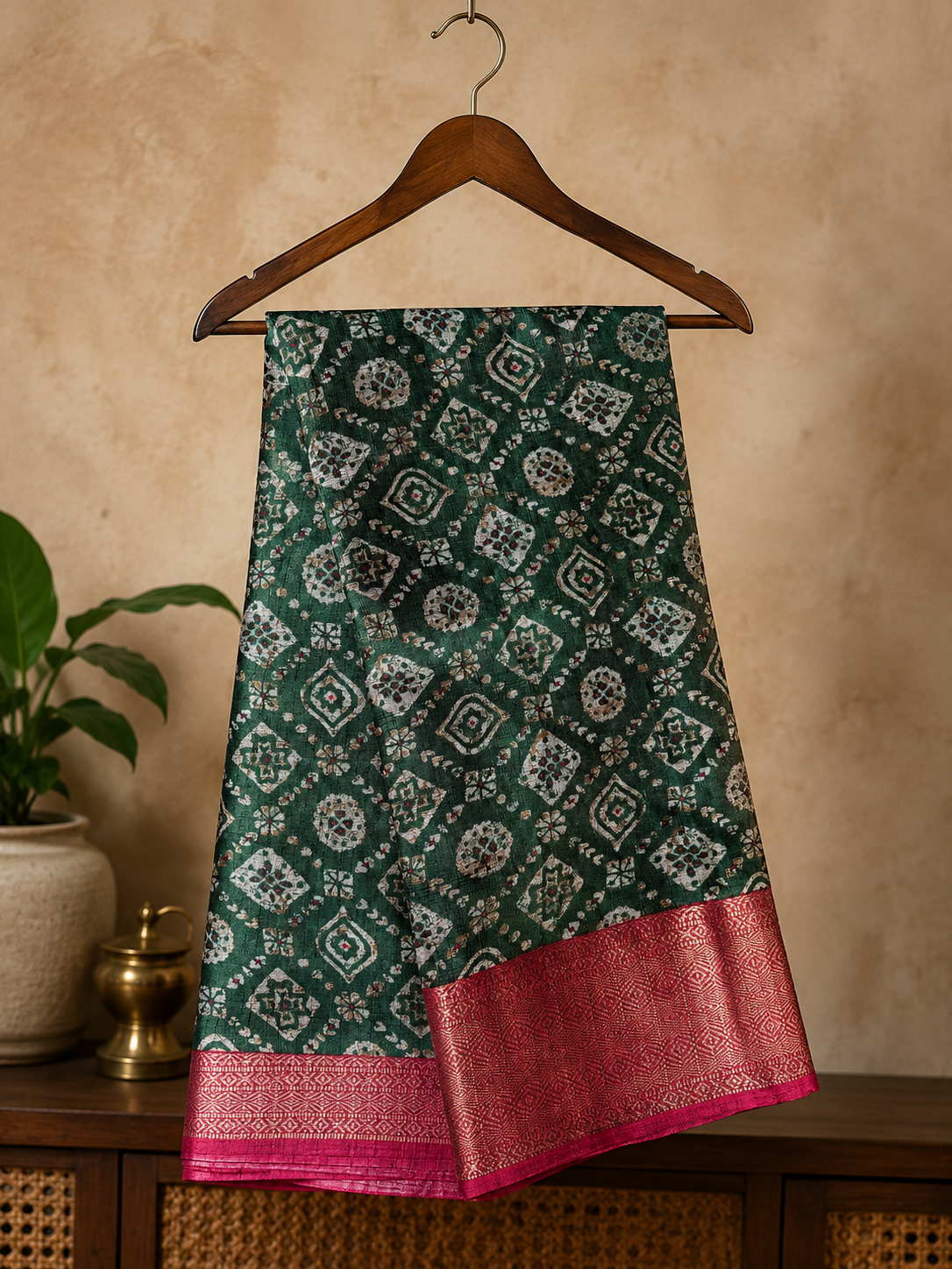 Beautiful Dark Green Saree Featuring Geometric and Floral Motifs with Rich Contrast Pink Weaving Zari Border