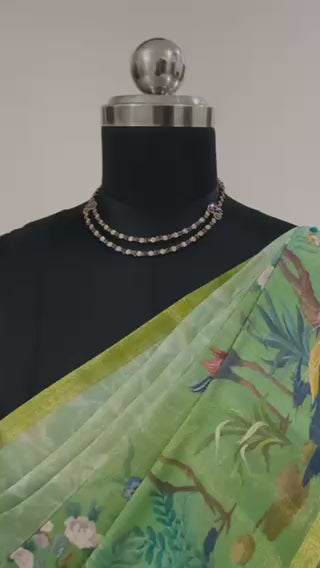 Beautiful Green Nature Print Saree with weaving zari Border organza and Cotton Blend gives a Classy Look.