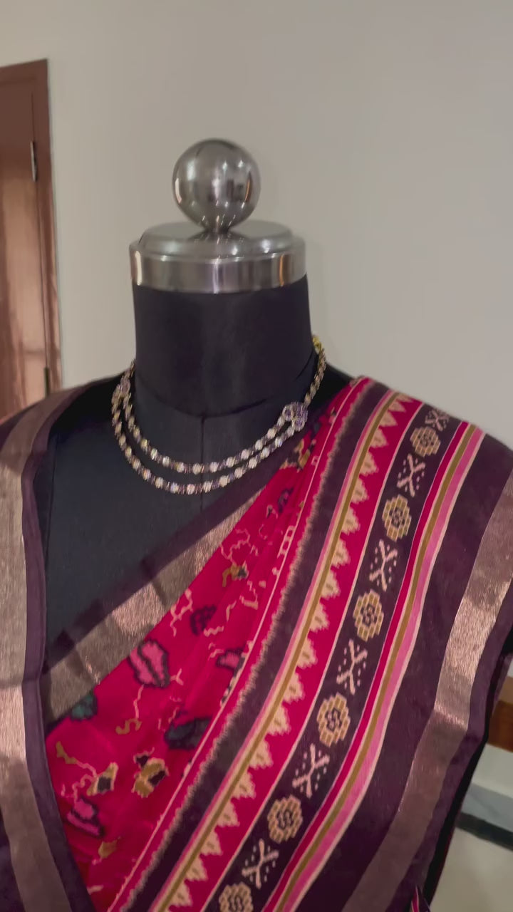 Beautiful Soft Cotton Silk Pink and Brown Combination Saree with Gold Zari Border with Tassels and Art Work all over the saree.