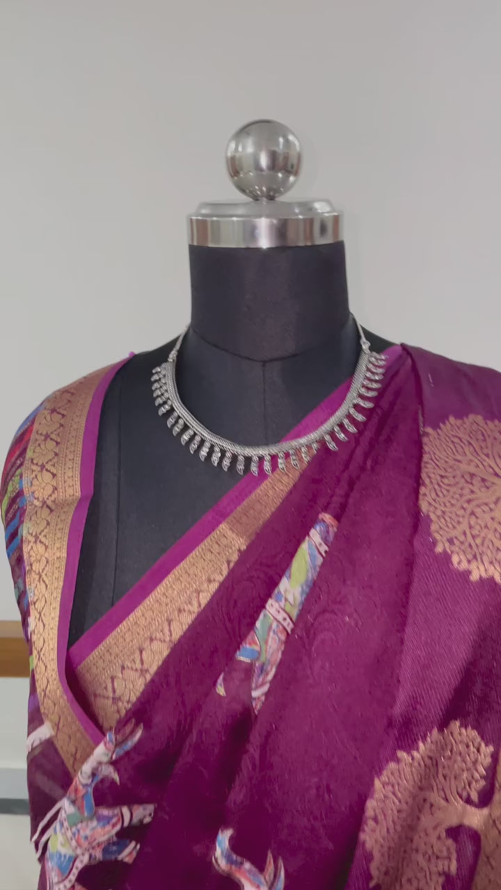 Beautiful Wine Purple Tussar Silk Saree with Golden Weaving Zari Border and Elephant Prints.